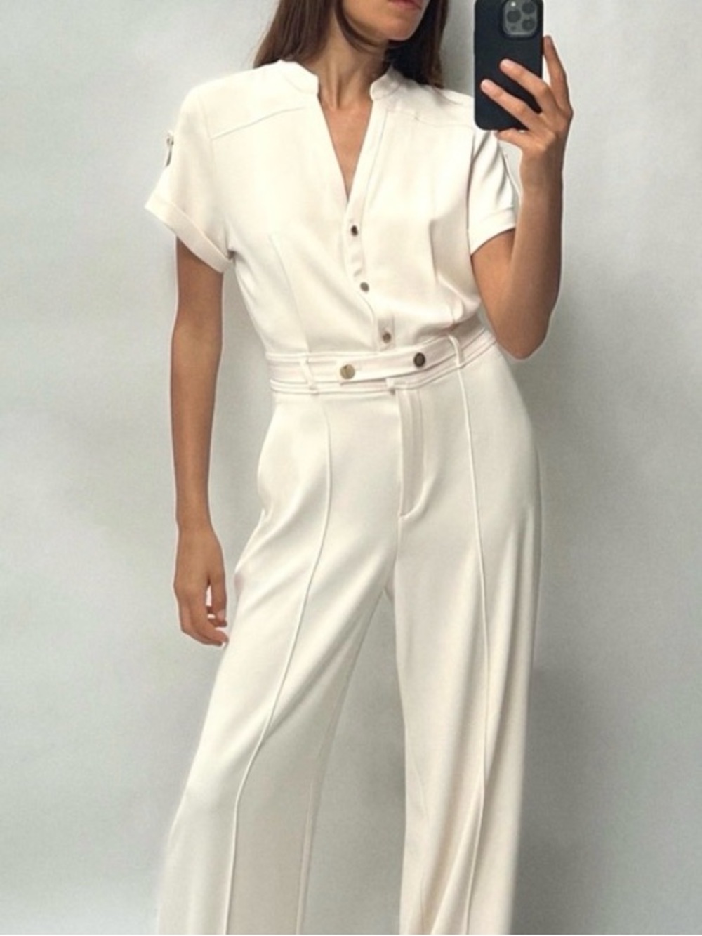 Zara Cream Short-Sleeve Belted Wide-Leg Jumpsuit